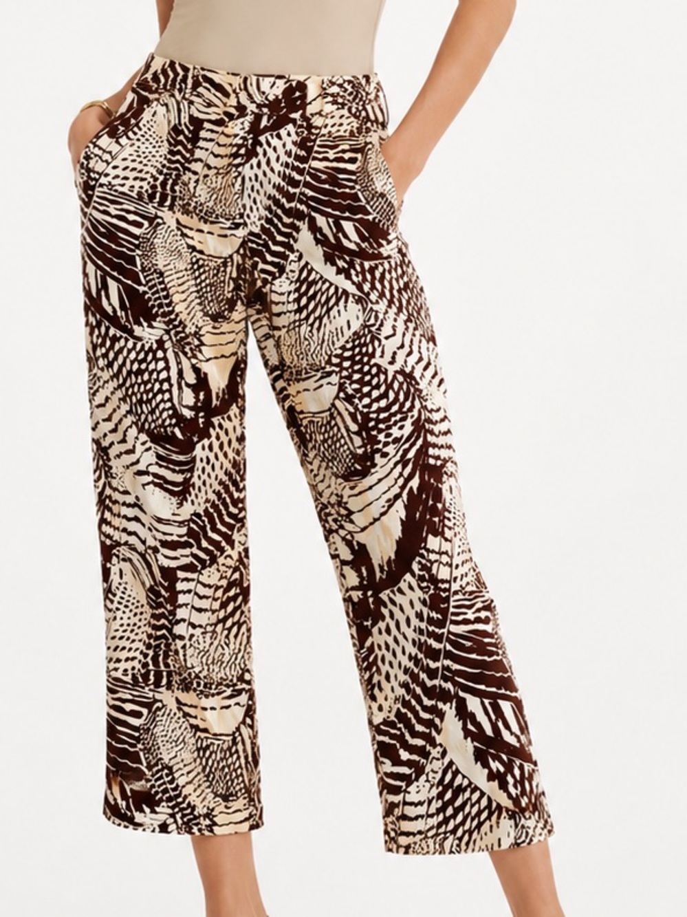 CENTRAL FALLS Abstract Print Cropped Wide-Leg Pants - Brown & Cream - LHP